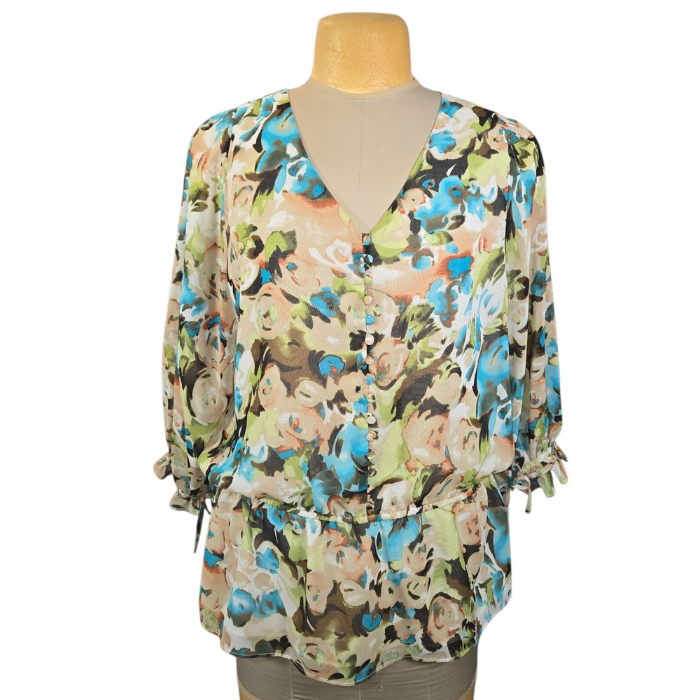 Bellefleur Floral V-Neck Blouse Elastic Waist Tie Sleeve XL Boho Casual Office